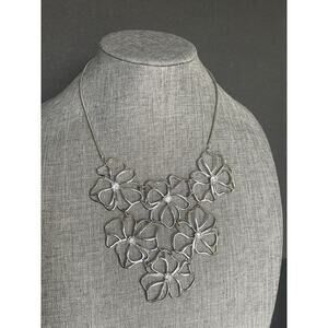 Womens Floral Bib Choker Necklace Silvertone Rhinestone Adjustable Cocktail 15”